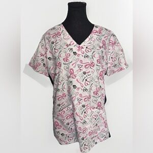 Green Town Scrub Top Medium Pink Ribbon Breast Cancer Awareness V Neck